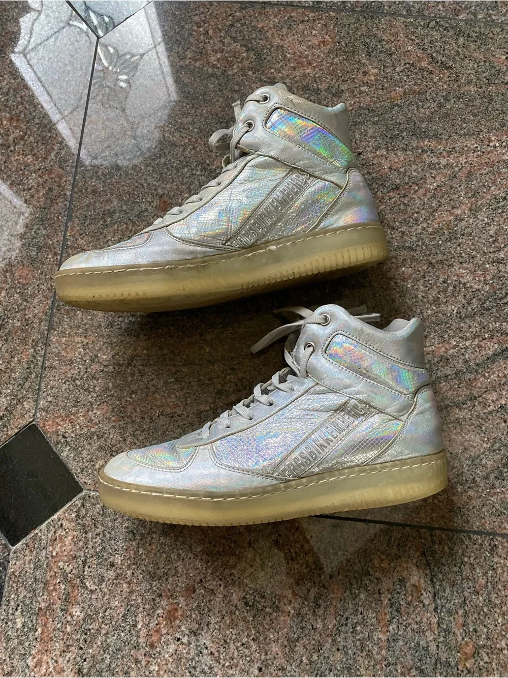 Bikkembergs Silver Holographic High-Top Leather Sneakers, Size 7